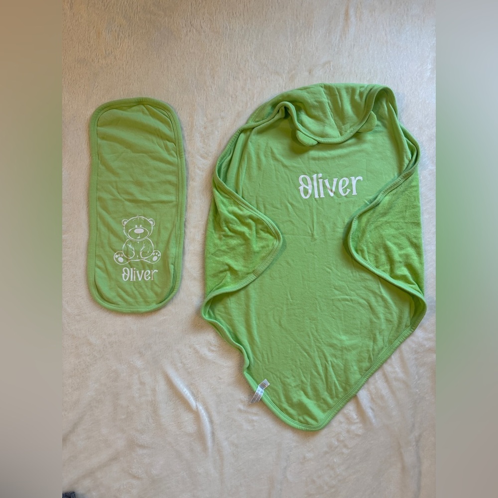 Rabbit Skins Brand Personalized “Oliver” Boy’s Burp Cloth and Hooded Bath Towel